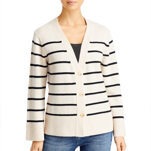 Vince Breton Striped Cardigan Wool Cashmere Blend Button Sweater V-Neck Size S - Picture 1 of 7